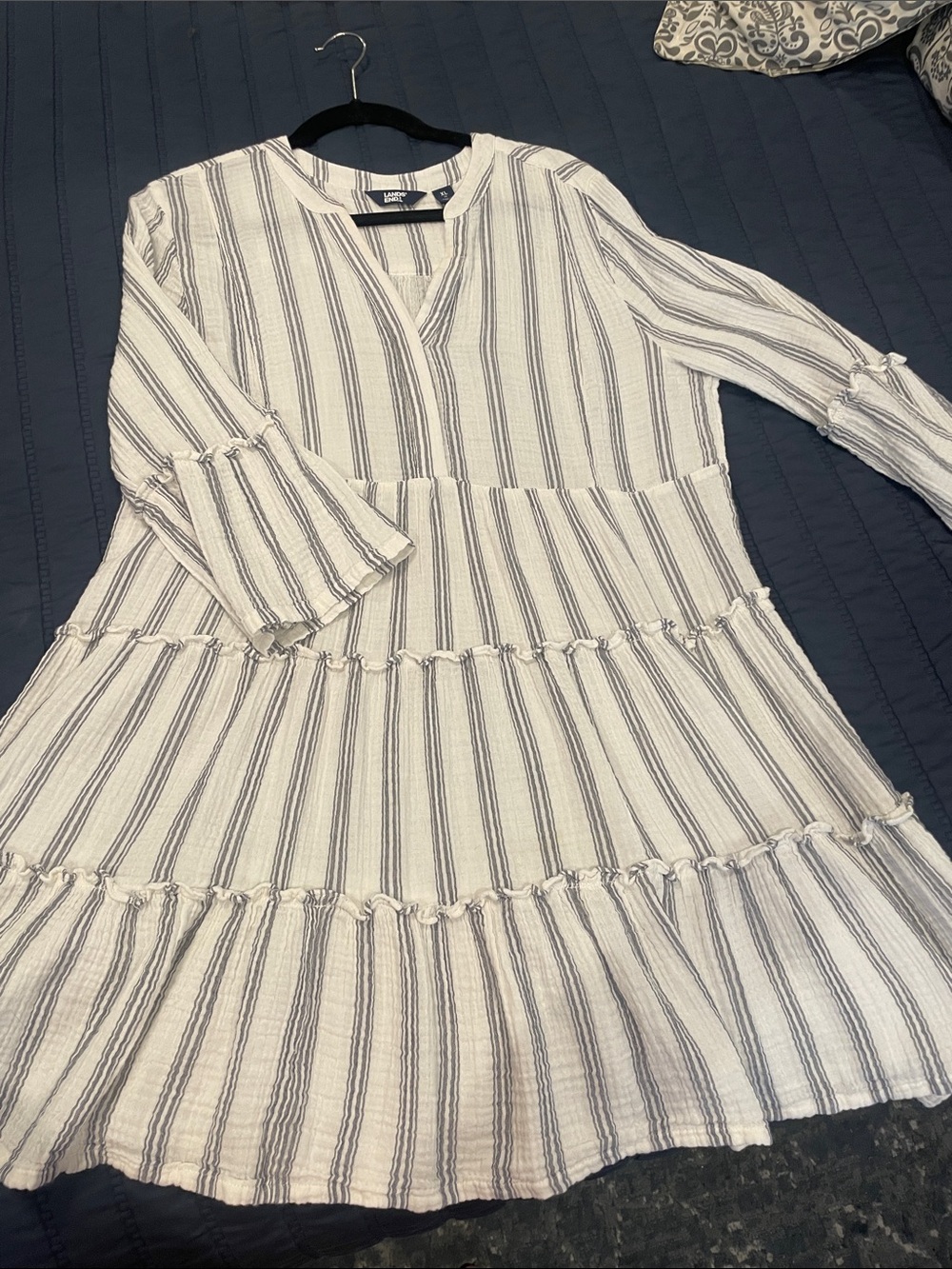 Striped Tiered split collar gauze Dress - White with grey/Navy Stripes